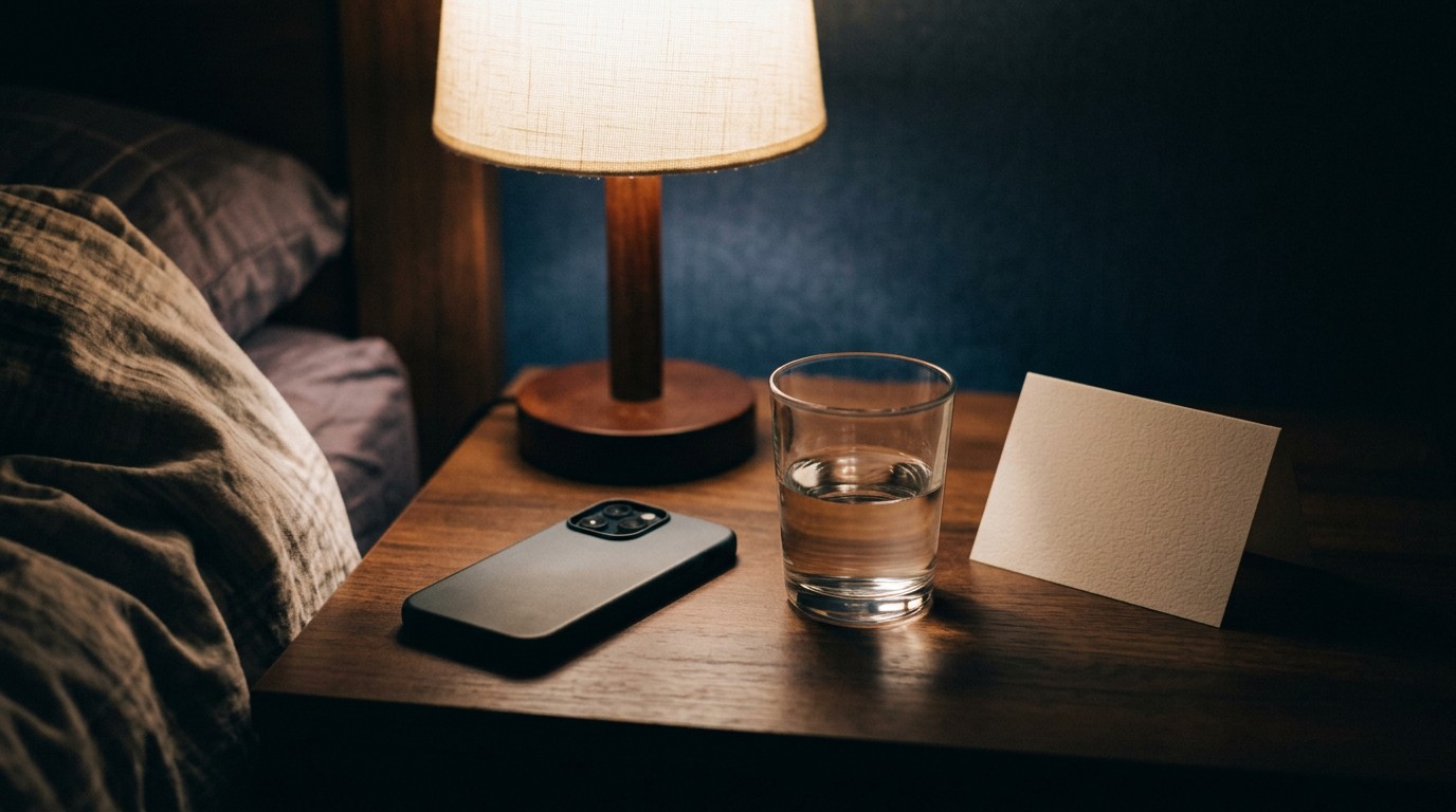 Bedside table at night, phone face down, before calling the clinic about implantation bleeding clots.