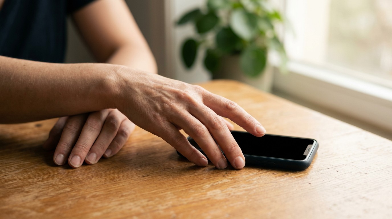 Hands reaching for a phone on a wooden table instead of reading implantation cramping reddit threads.