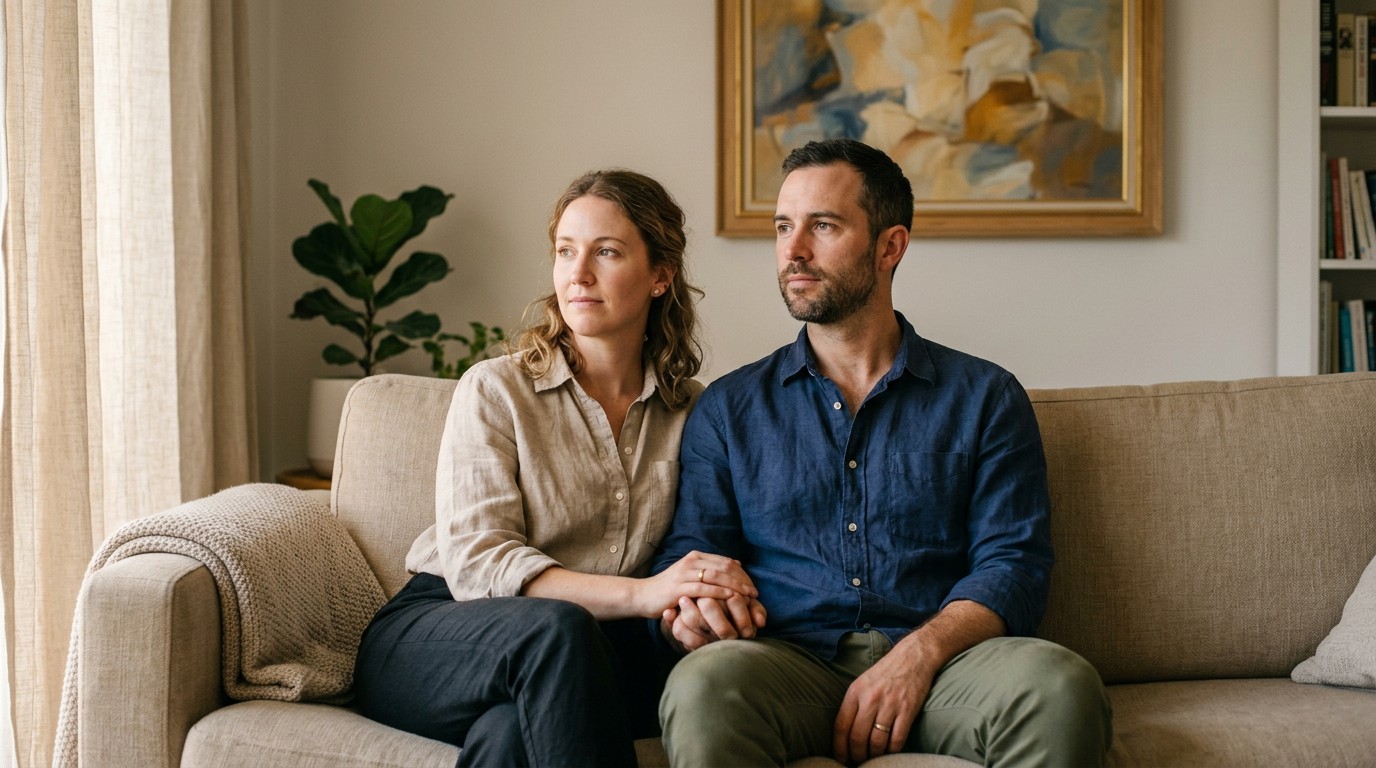 A supportive couple holding hands while discussing the difference between miscarriage and implantation bleeding.