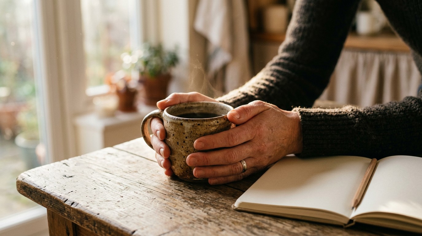 A close up of hands holding a warm mug near a journal, pondering 12 dpo spotting timing.