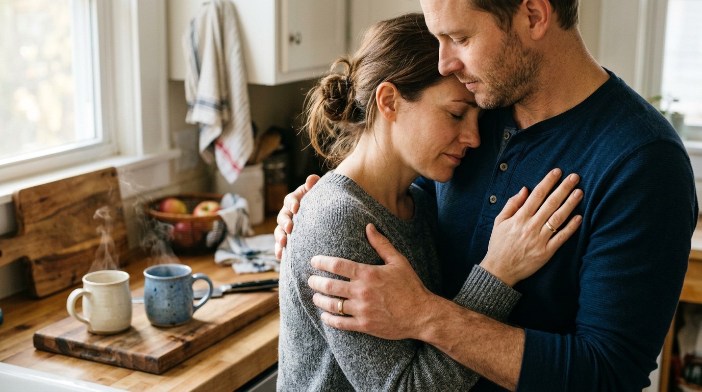 A couple hold each other in a kitchen, phone away, after reading implantation cramping reddit threads.