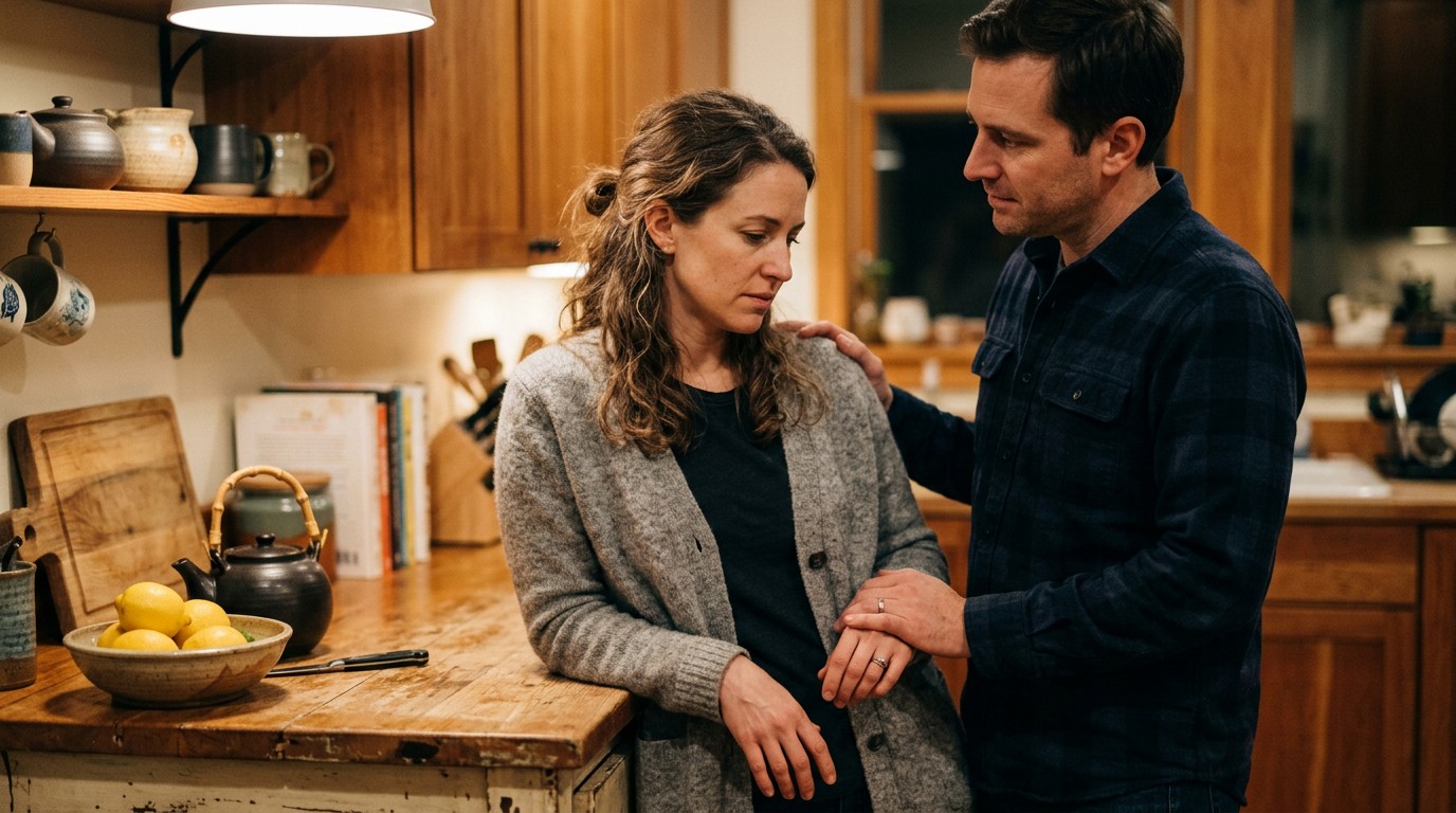 Couple holding hands in a kitchen while talking about implantation cramps and how long they last