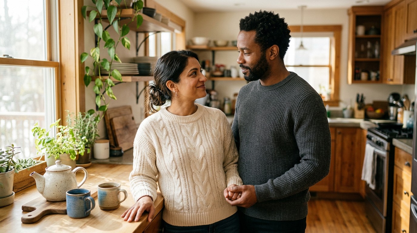 Couple talking quietly in a sunlit kitchen before their clinic pregnancy test date after embryo transfer.