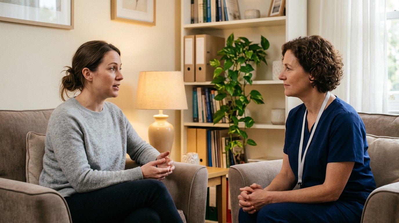 A woman speaks with her doctor during a consultation after a beta hcg negative result.