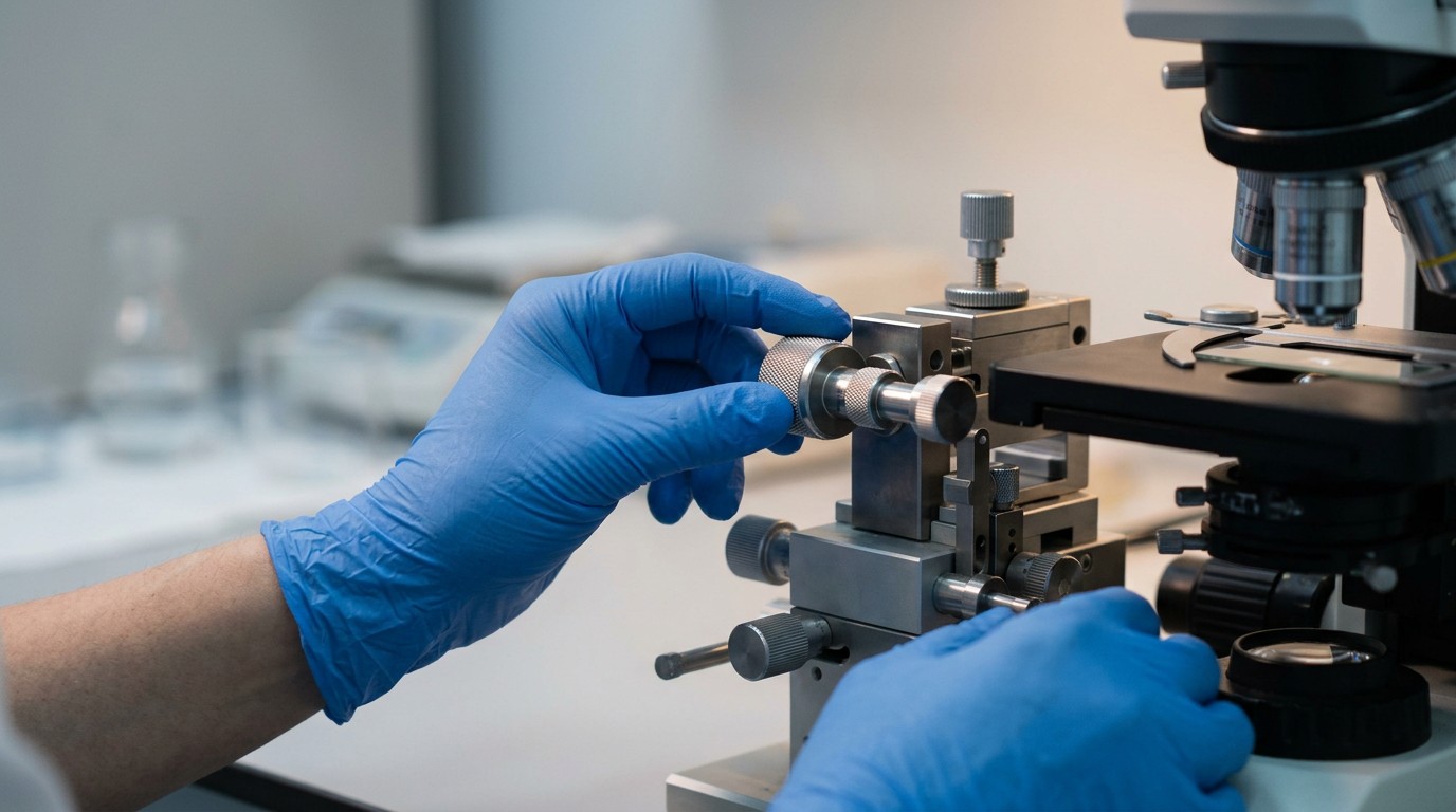An embryologist works with precision laboratory equipment used during the assisted zona hatching procedure.
