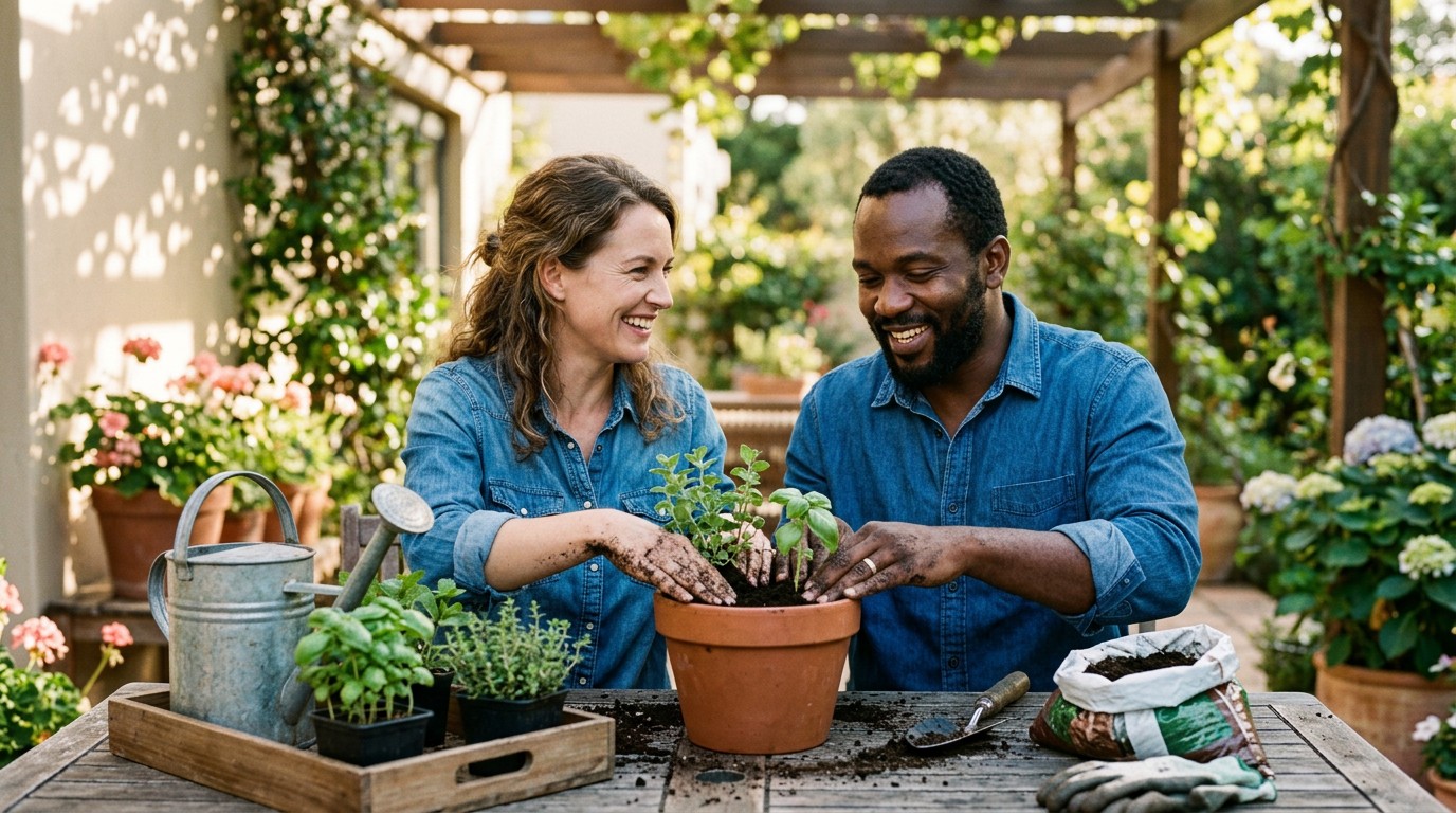 A couple potting herbs on a sunny patio, taking a break from searching conception symptoms before implantation.