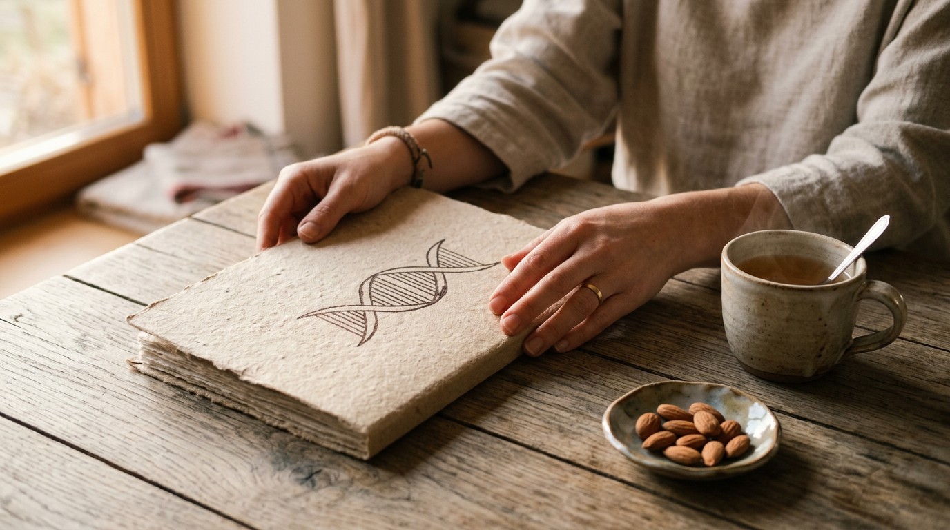 Hands resting on a paper folder marked with a drawn DNA helix beside a cup of tea, representing a euploid embryo test result.