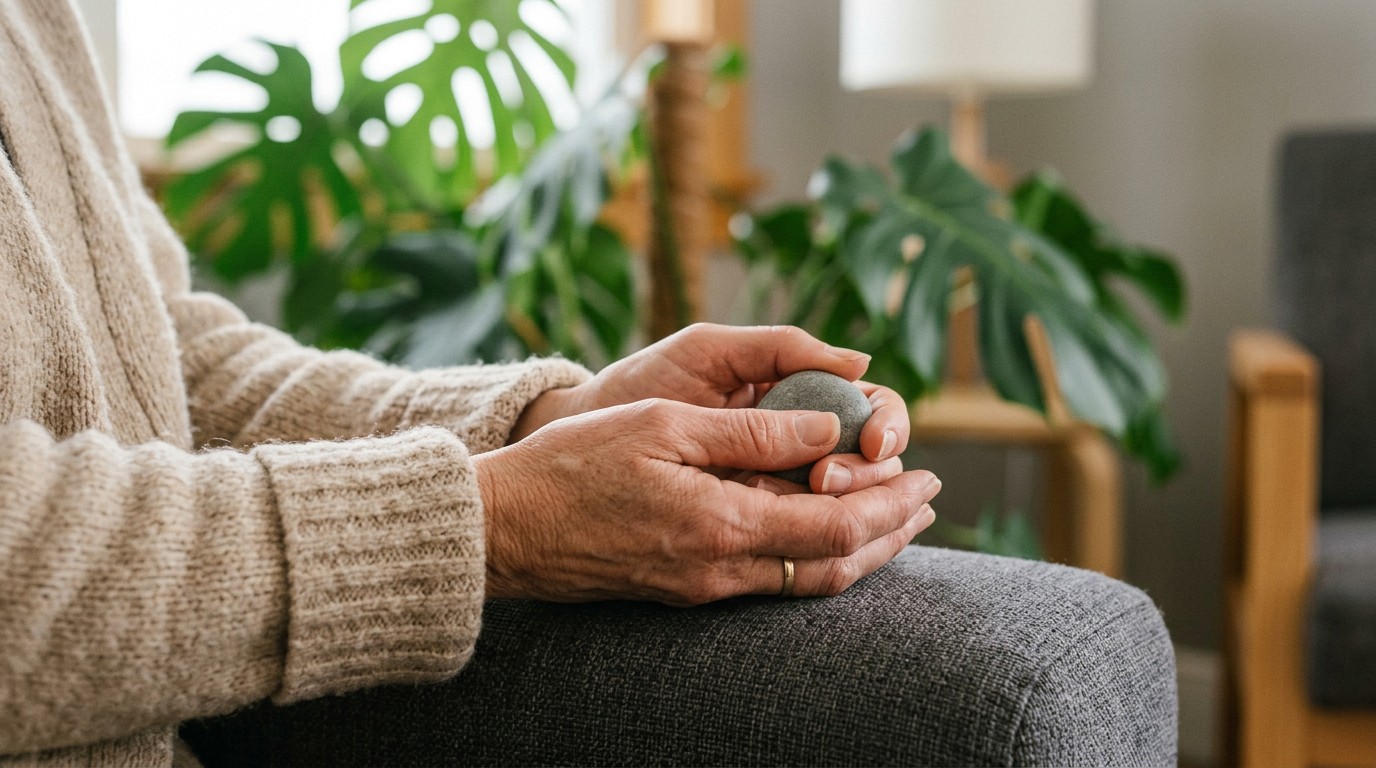 Hands holding a smooth grey stone in a clinic waiting room, a question about spotting missed period in mind.