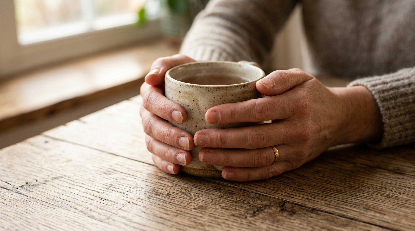 Two hands cradling a warm mug on a bare table while waiting to test after an embryo transfer.