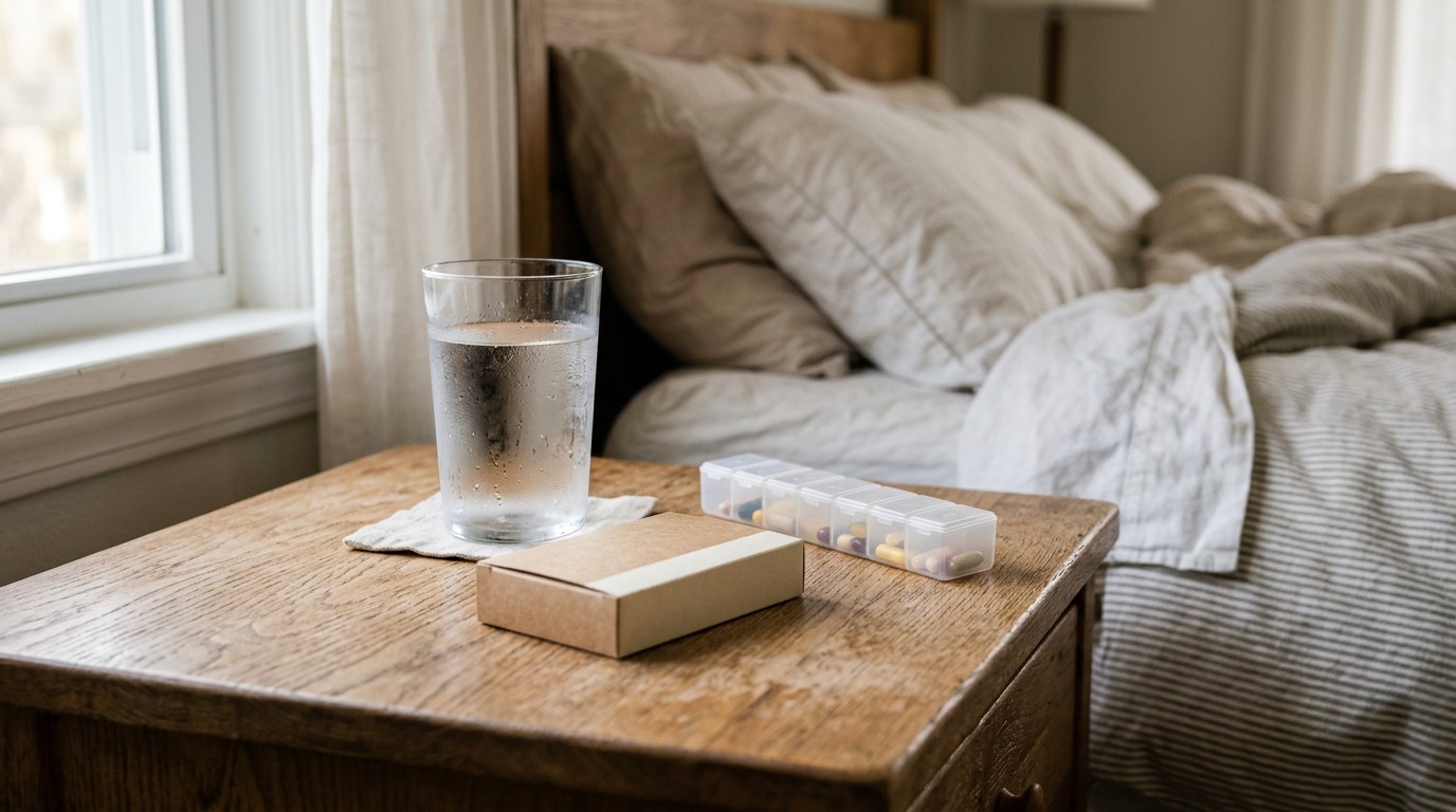 Medication on a bedside table kept ready before confirming a beta hcg negative blood test.