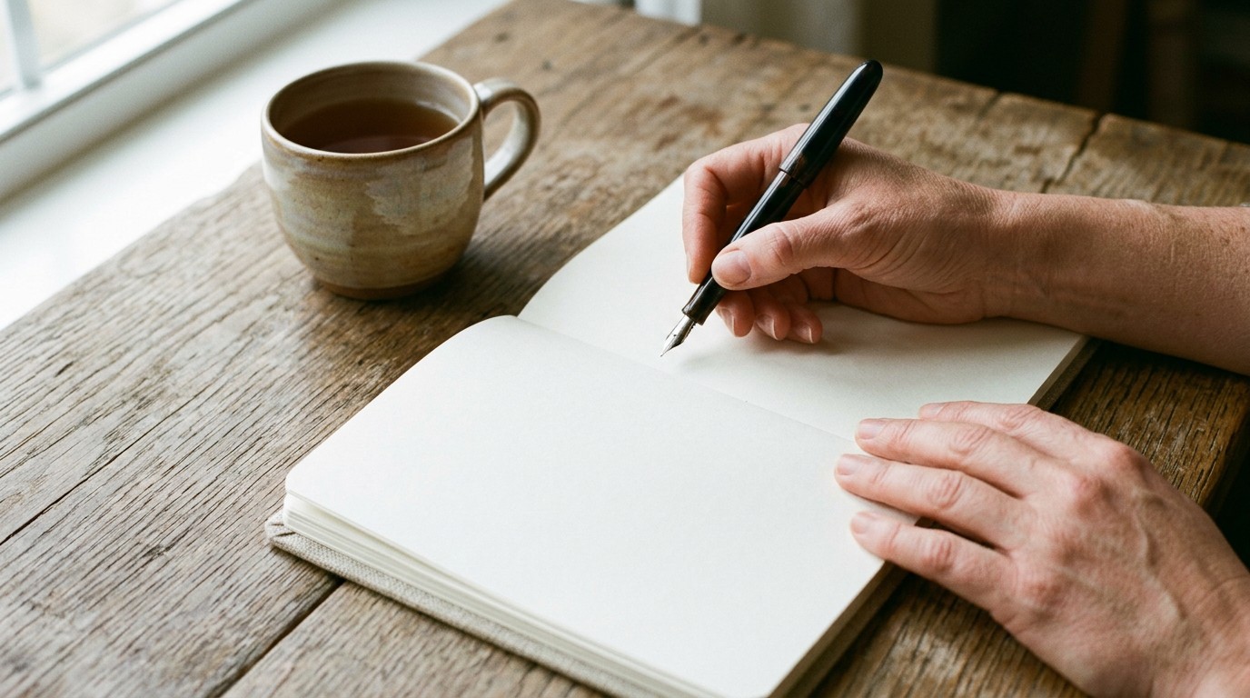 A pen over a blank notebook beside tea, ready for questions about a good quality 5 day embryo blastocyst.