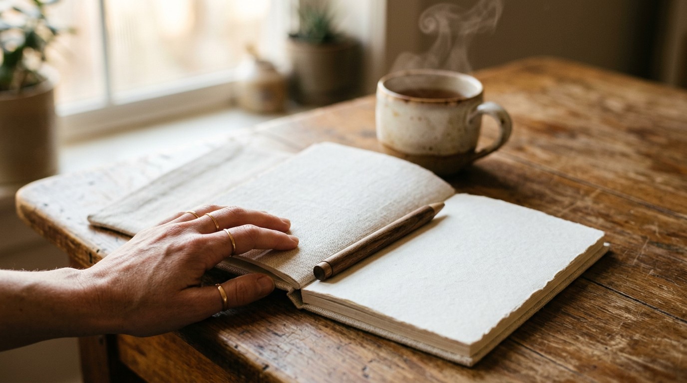 Open notebook and pen beside a mug, for notes on implantation cramps and how long they last