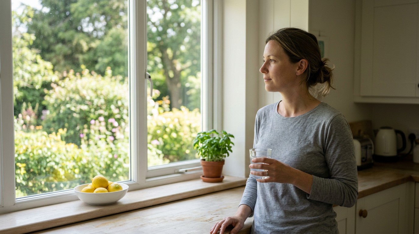 A woman at a kitchen window on day 9 after embryo transfer feel like period coming.