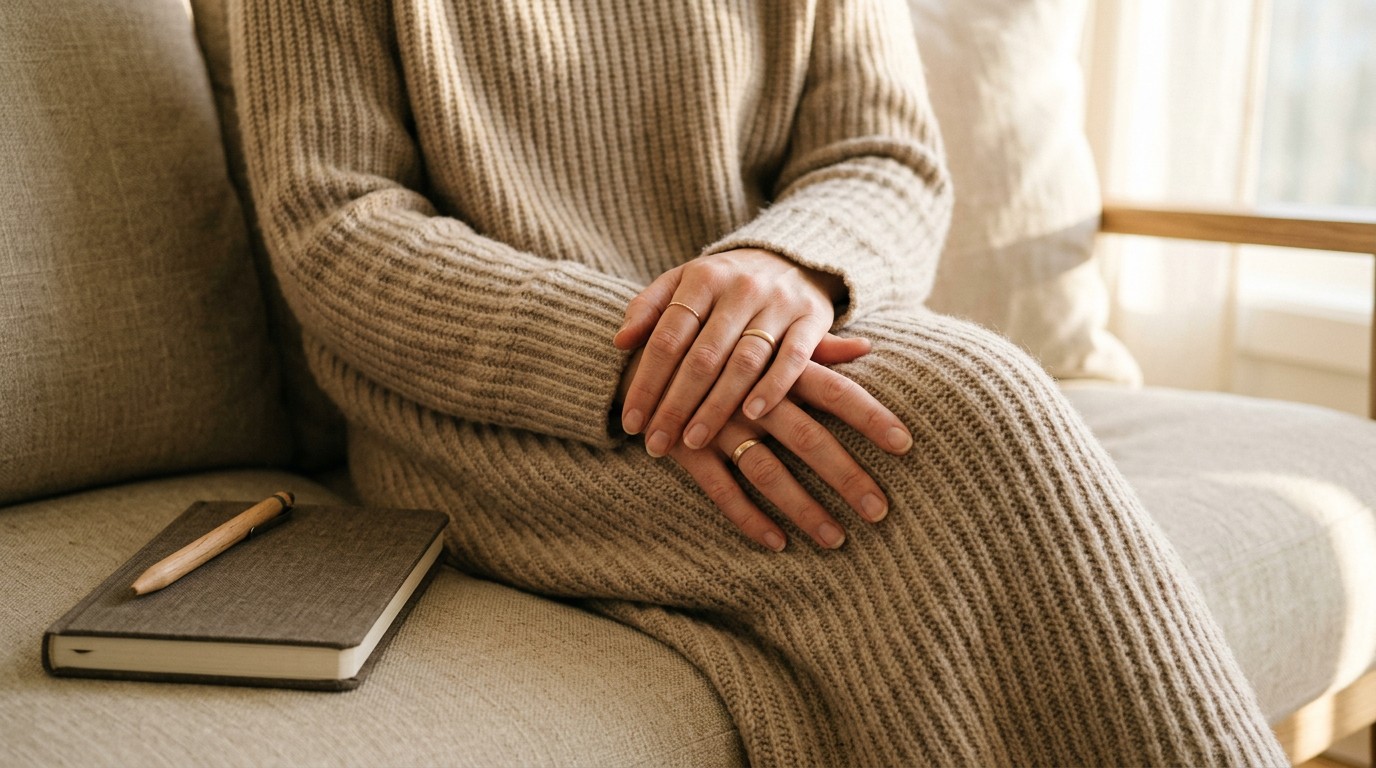 Hands resting on a knit sweater beside a closed notebook while wondering about conception symptoms before implantation.
