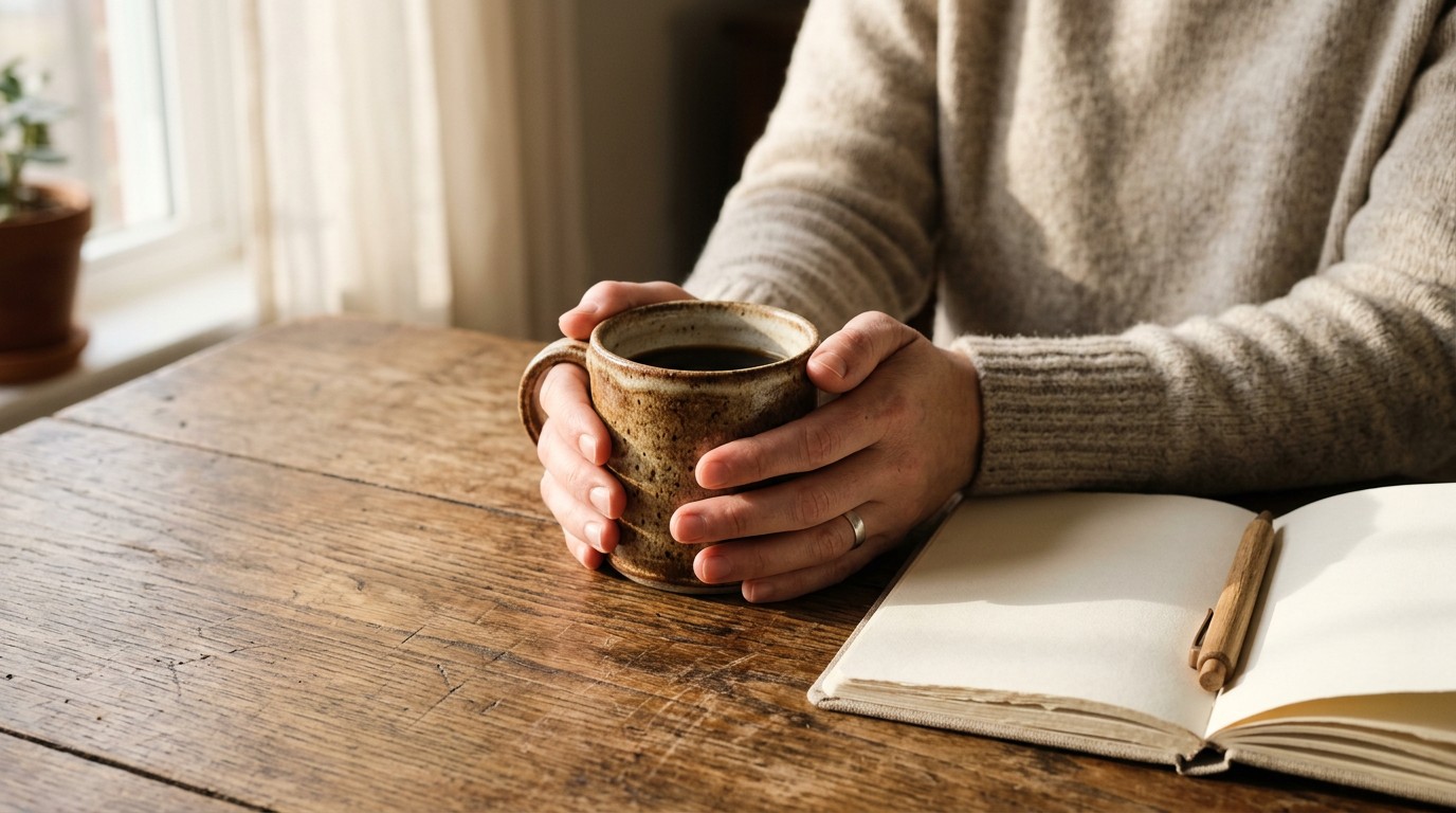Warm hands hold a ceramic mug while researching the difference between miscarriage and implantation bleeding.