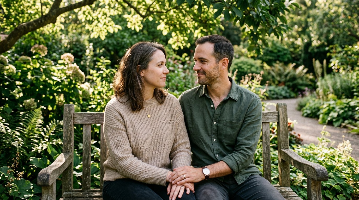 A supportive couple sitting in a garden, discussing concerns about 12 dpo spotting.