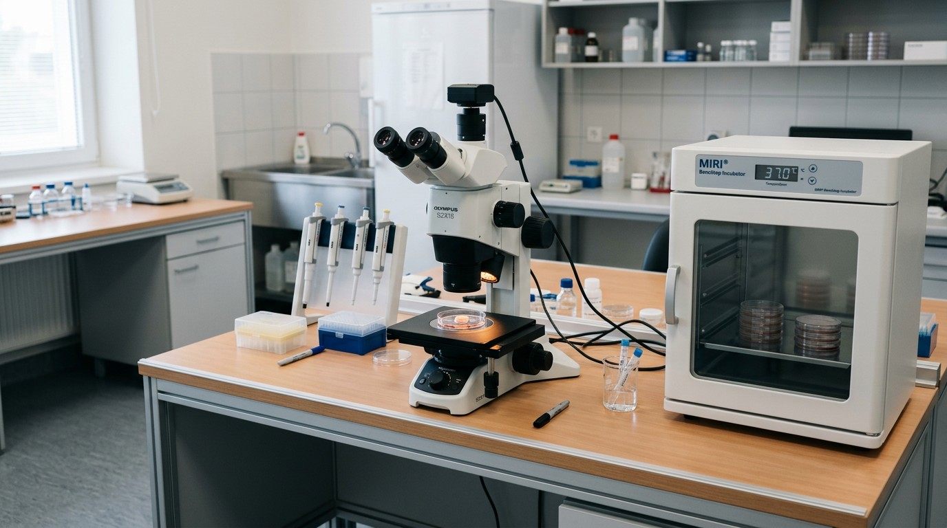Empty embryology laboratory bench with a microscope and incubator, where the types of assisted reproductive technology diverge