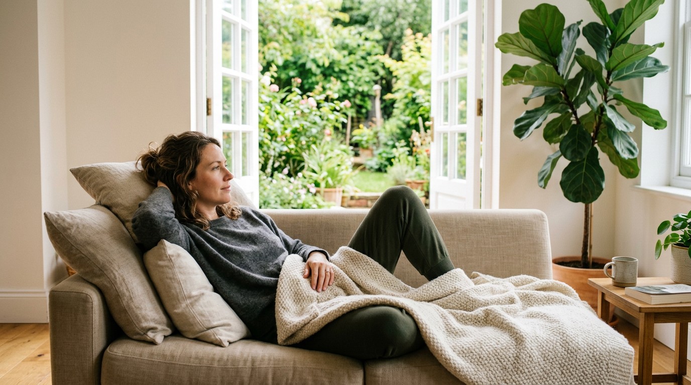 A woman rests on a living room sofa while weighing what to do after a fet.