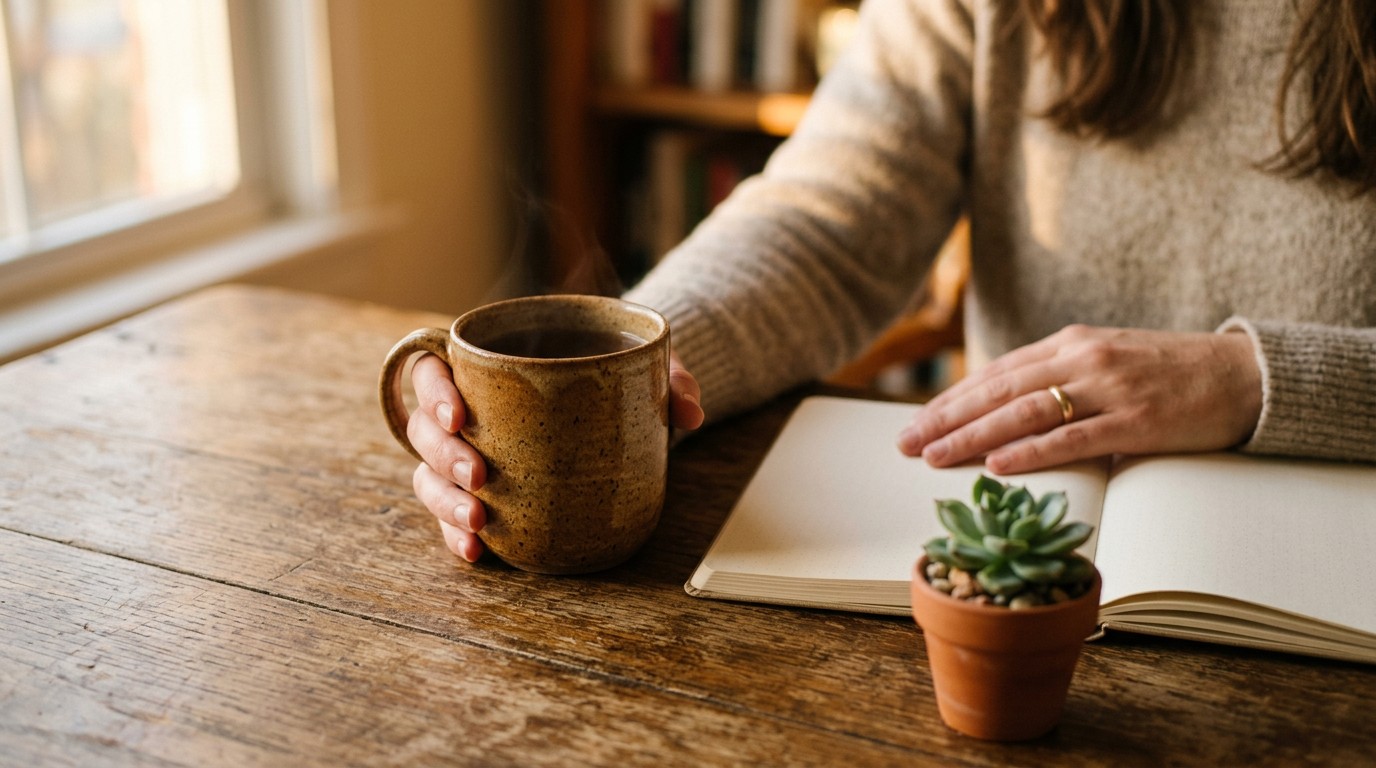 Hands cradling a mug beside an open notebook, weighing what to do after a fet.
