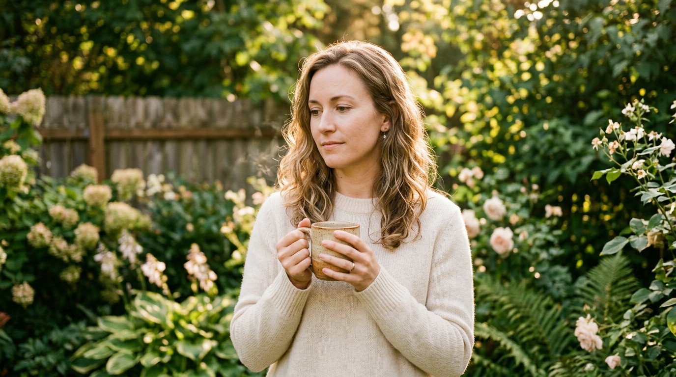 A woman holding a mug in a garden, thinking about her good quality 5 day embryo blastocyst.