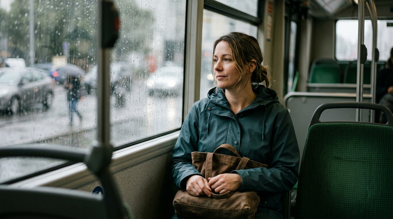 A woman on a rainy morning bus looking out of the window, wondering about spotting after a missed period.
