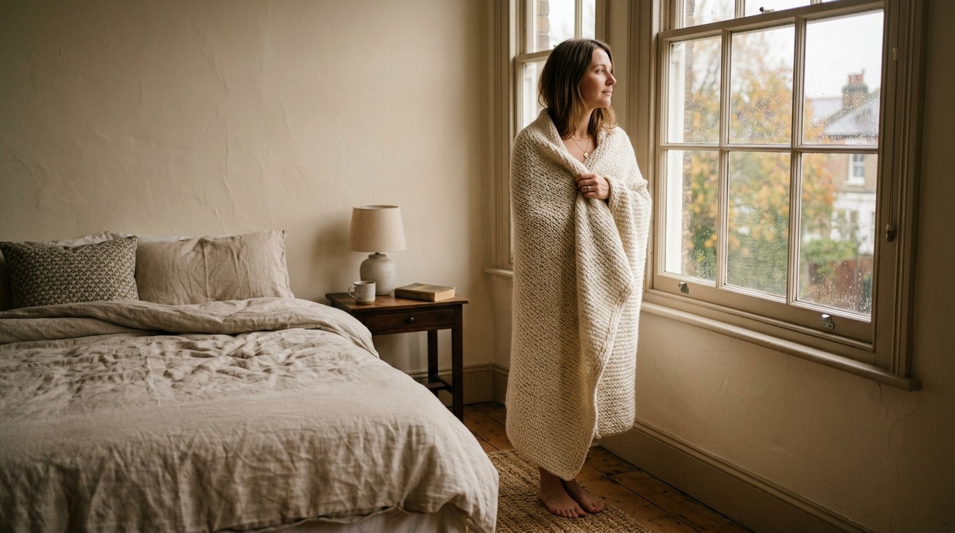 A woman wrapped in a blanket looks out a bedroom window during the wait after a euploid embryo transfer.