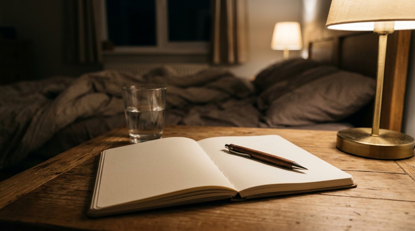 Open blank notebook and pen on a bedside table in lamplight, for noting brown blood implantation worries for the clinic