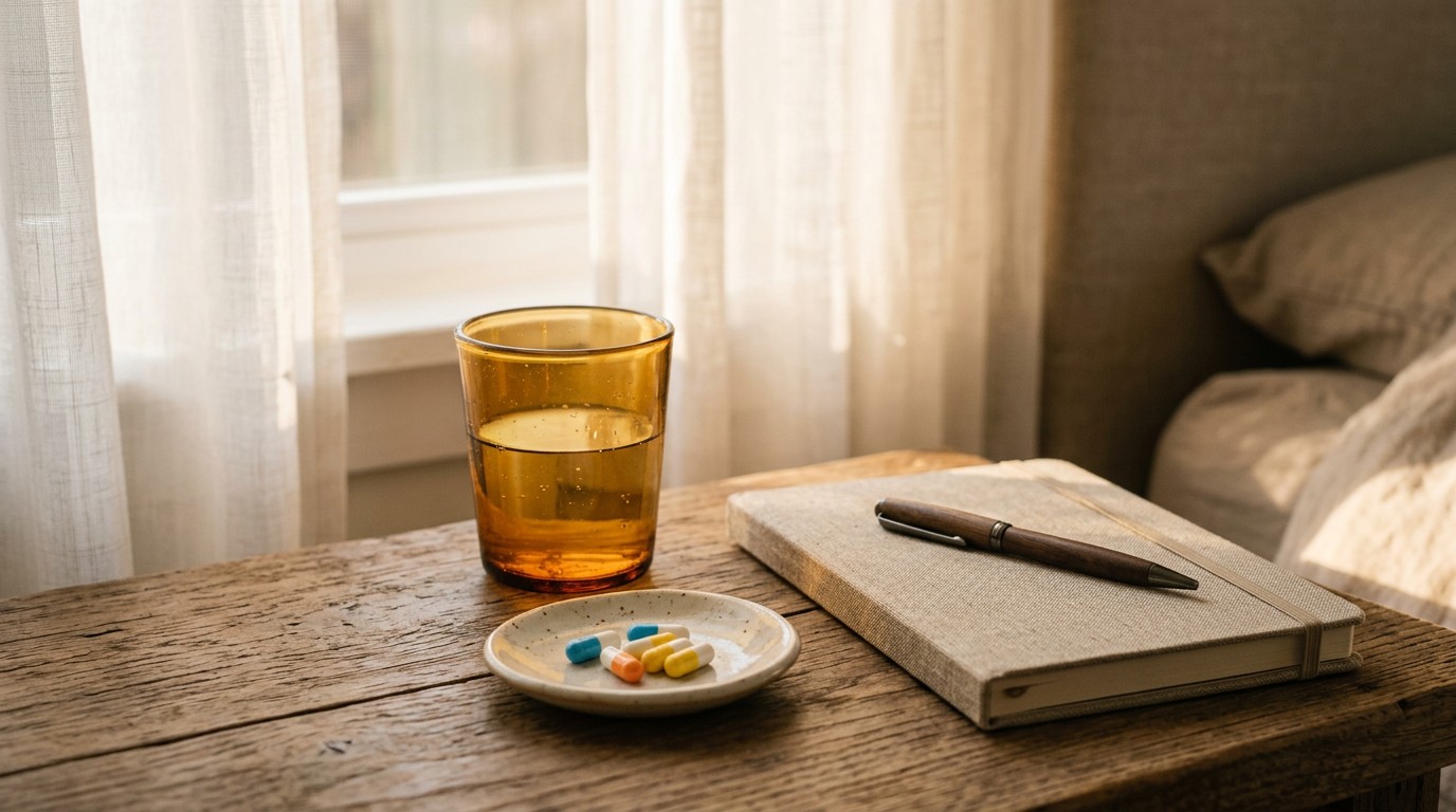A bedside table with a glass of water, unmarked capsules and a notebook, the progesterone side of implantation nausea.