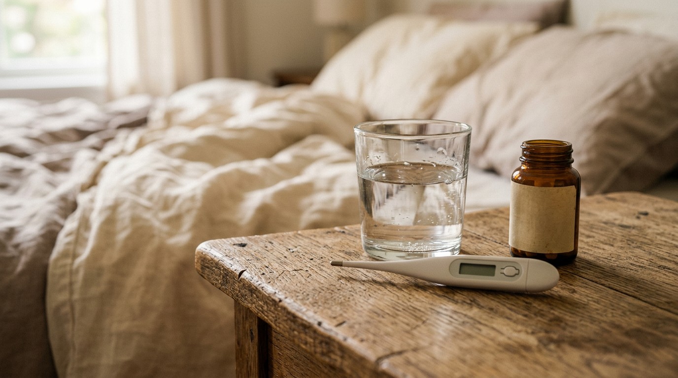 A digital thermometer and prescription bottle on a bedside table relate to basal temperature implantation tracking post-transfer.