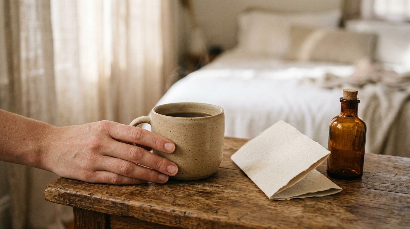 A hand beside a mug, a folded leaflet and a medicine bottle, read for bloating and implantation facts