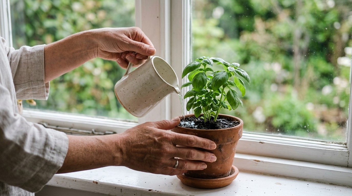 Hands water a small basil plant on a windowsill, a quiet task during the implantation timeline wait.