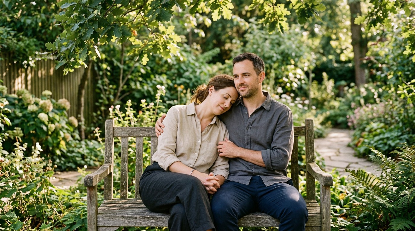 A couple sit close on a wooden garden bench, a calm moment amid lightning crotch implantation questions