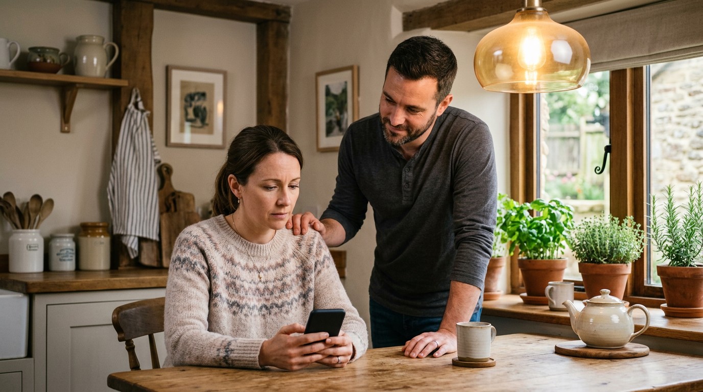 A supportive couple in their kitchen discusses their basal temperature implantation data during the wait.