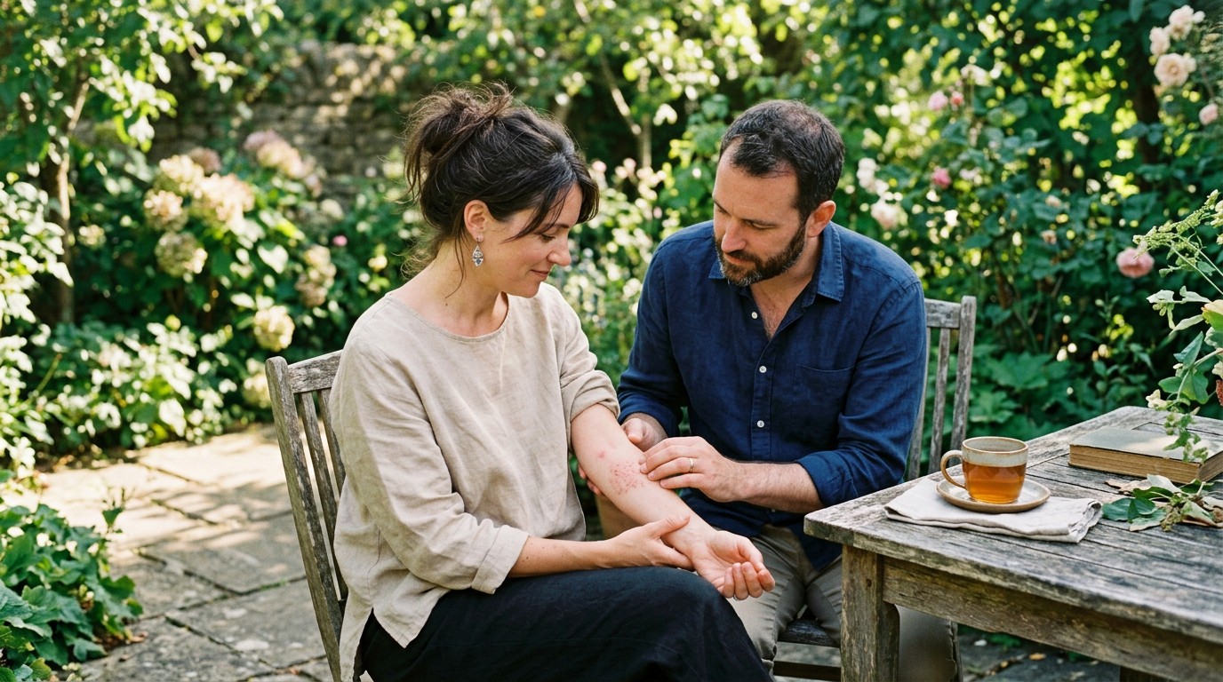 Partner gently looking at irritated skin on a forearm in a garden, a common implantation rash worry