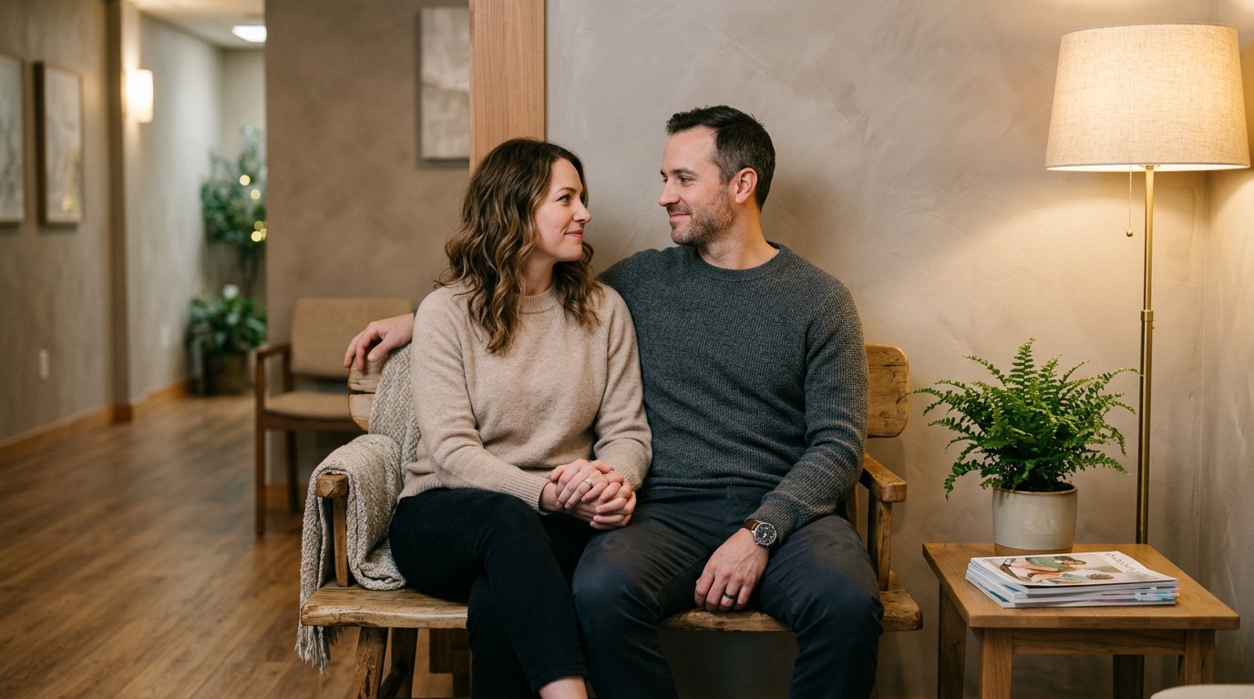 A couple sit together in a clinic waiting room, talking through the implantation timeline and test day.