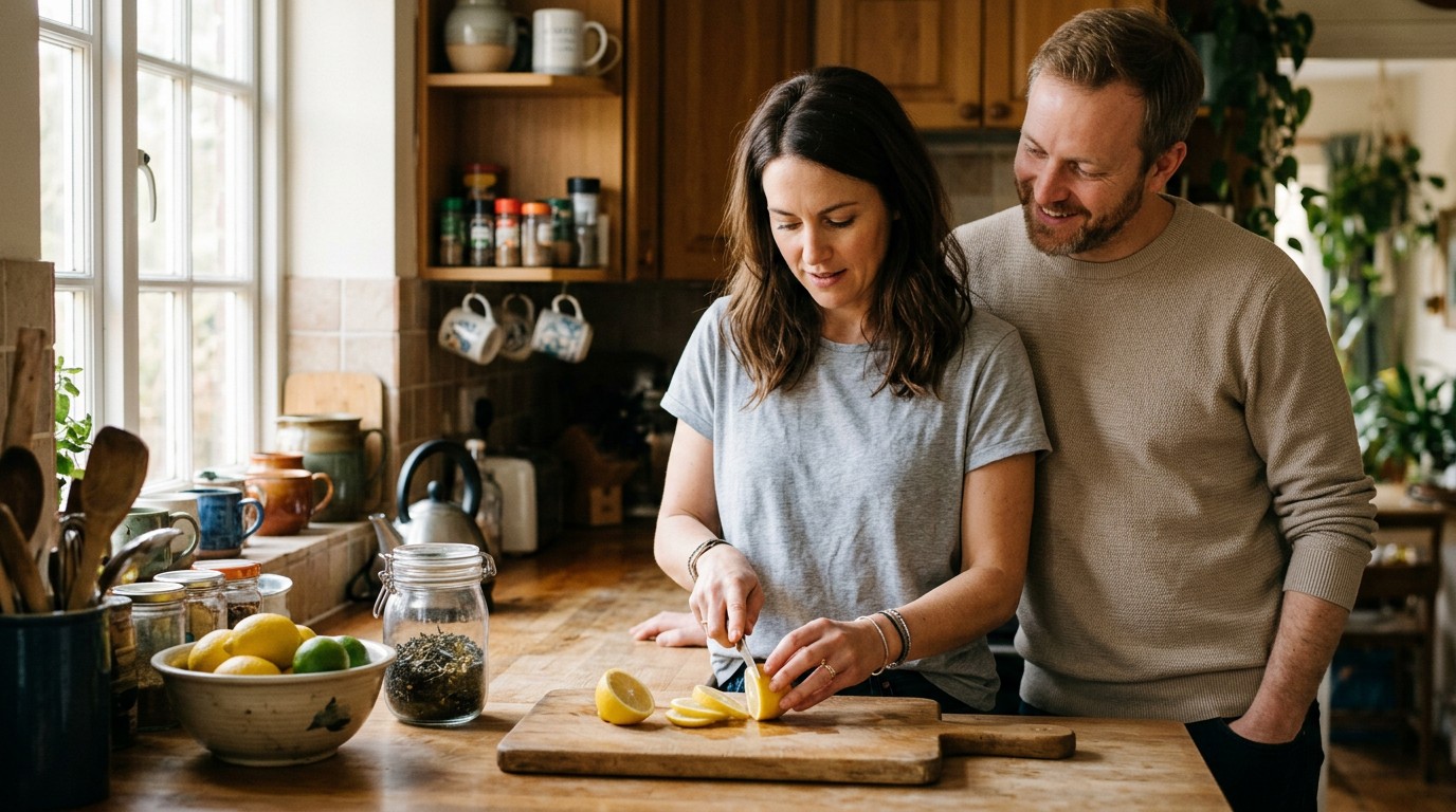 A couple in a kitchen prepares tea while discussing concerns about an implantation bleeding smell.