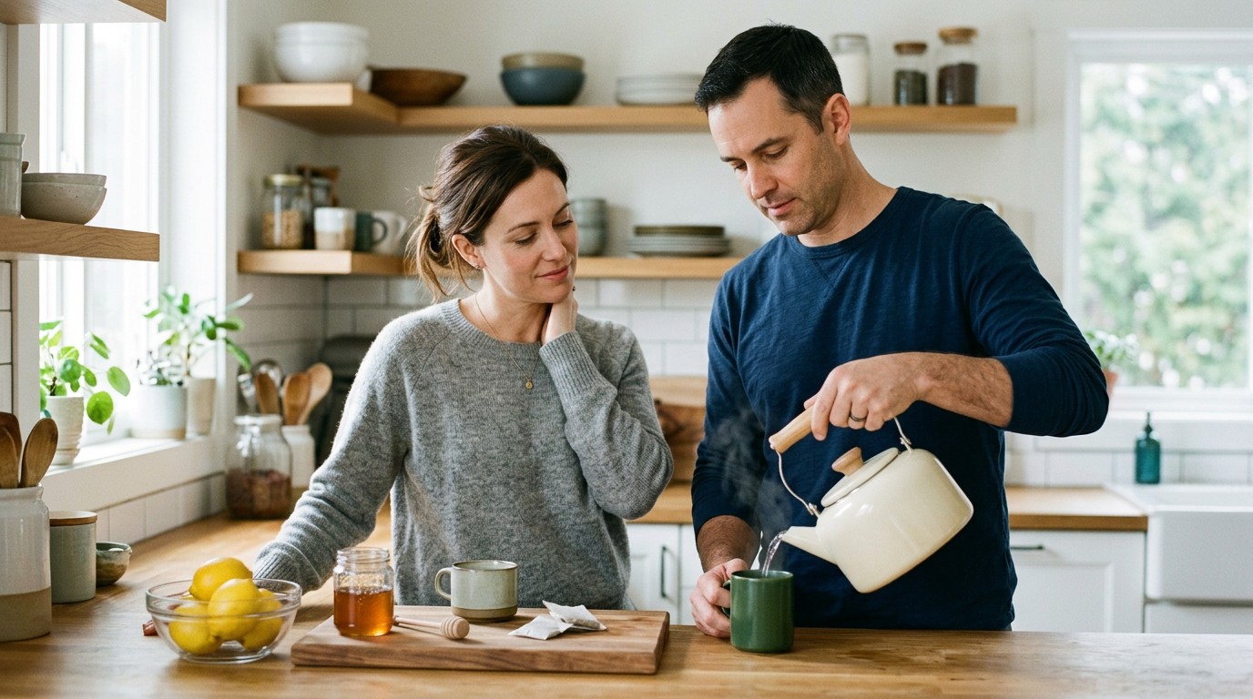 A partner pouring hot water for a woman with a sore throat during the sore throat implantation pregnancy wait.