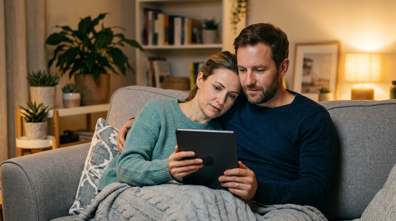 A couple on a sofa read a tablet together, comparing forum accounts of implantation nausea.
