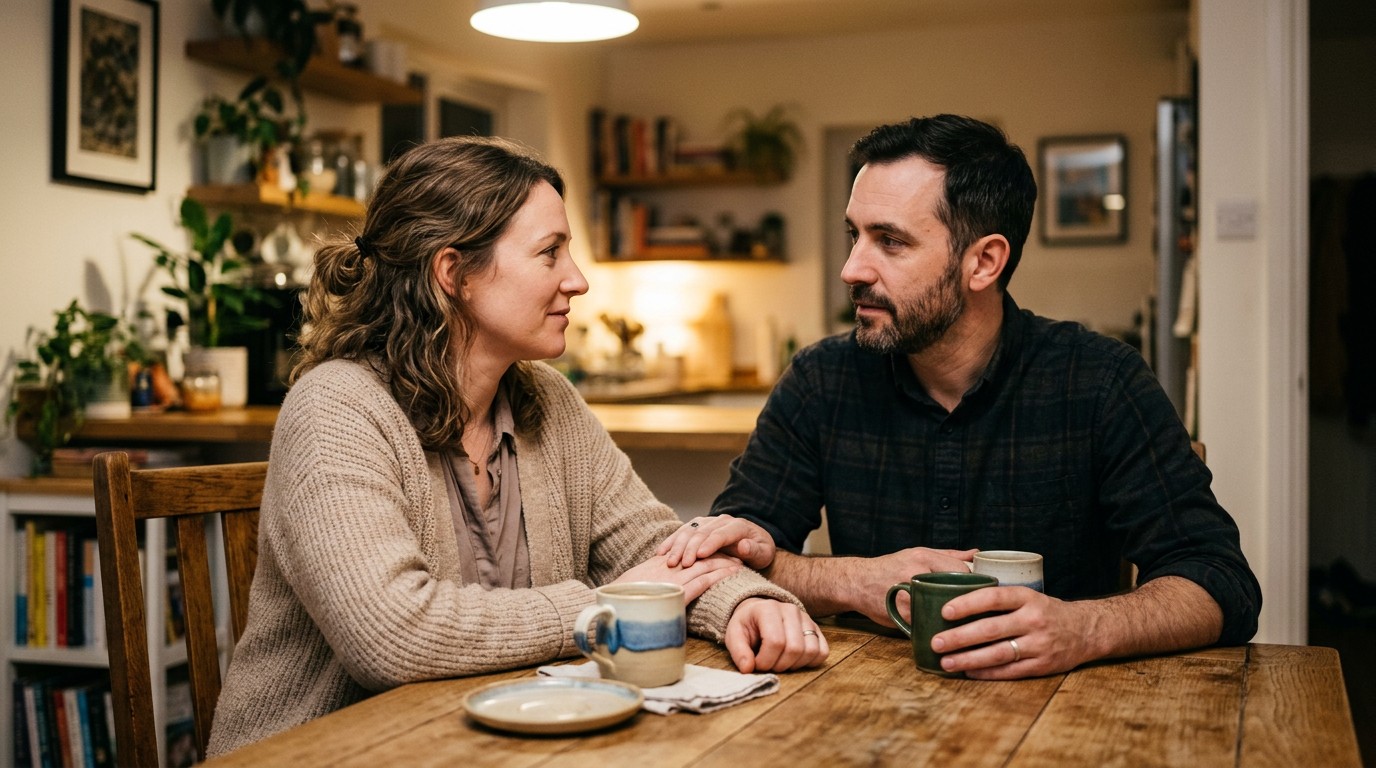 A couple talk at a kitchen table with mugs, comparing what forums say about lower back ache implantation.