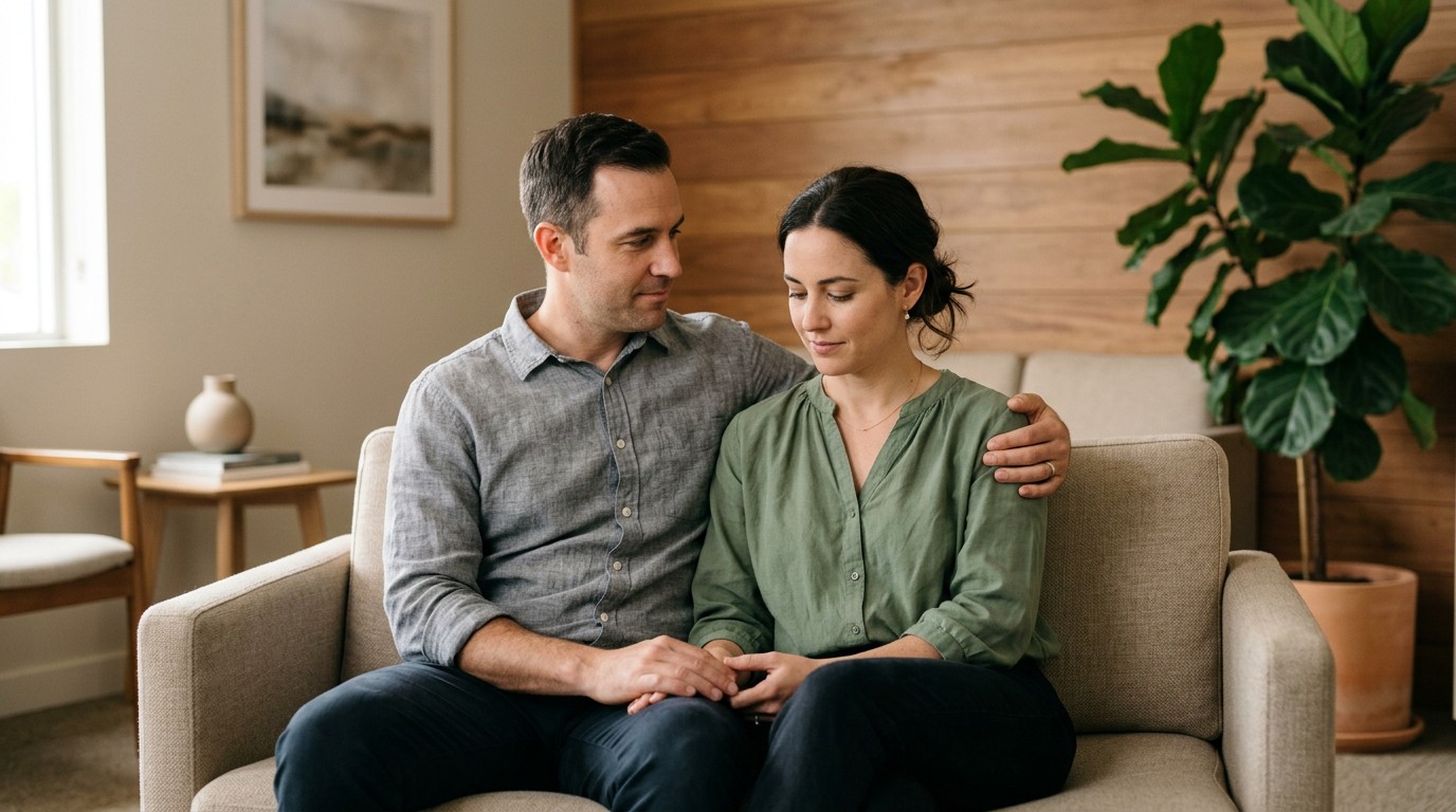 A couple sits together in a clinic waiting room, discussing embryo hatching after thaw.