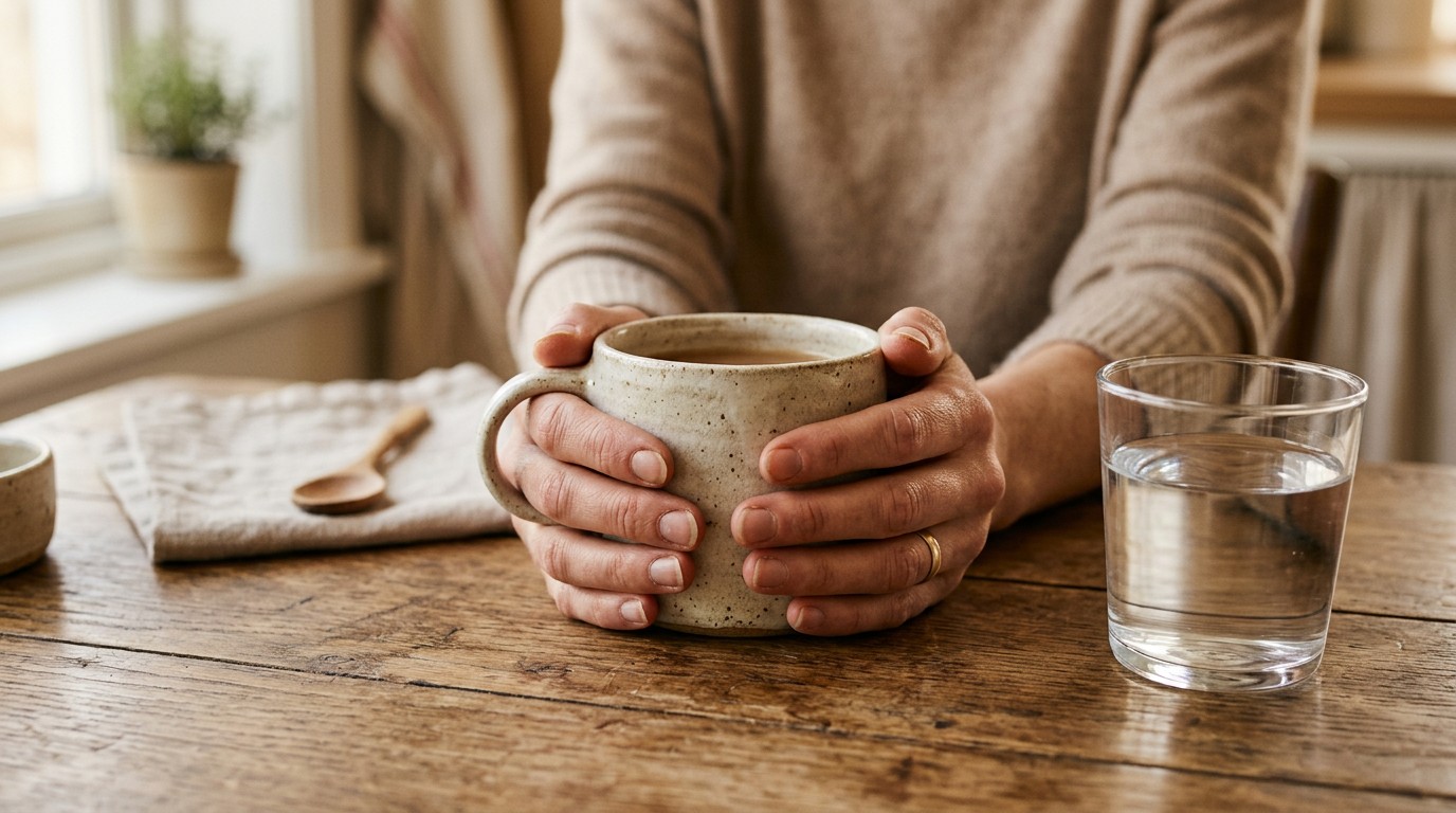 Hands around a mug beside a glass of water, a quiet moment while wondering about headache and implantation.