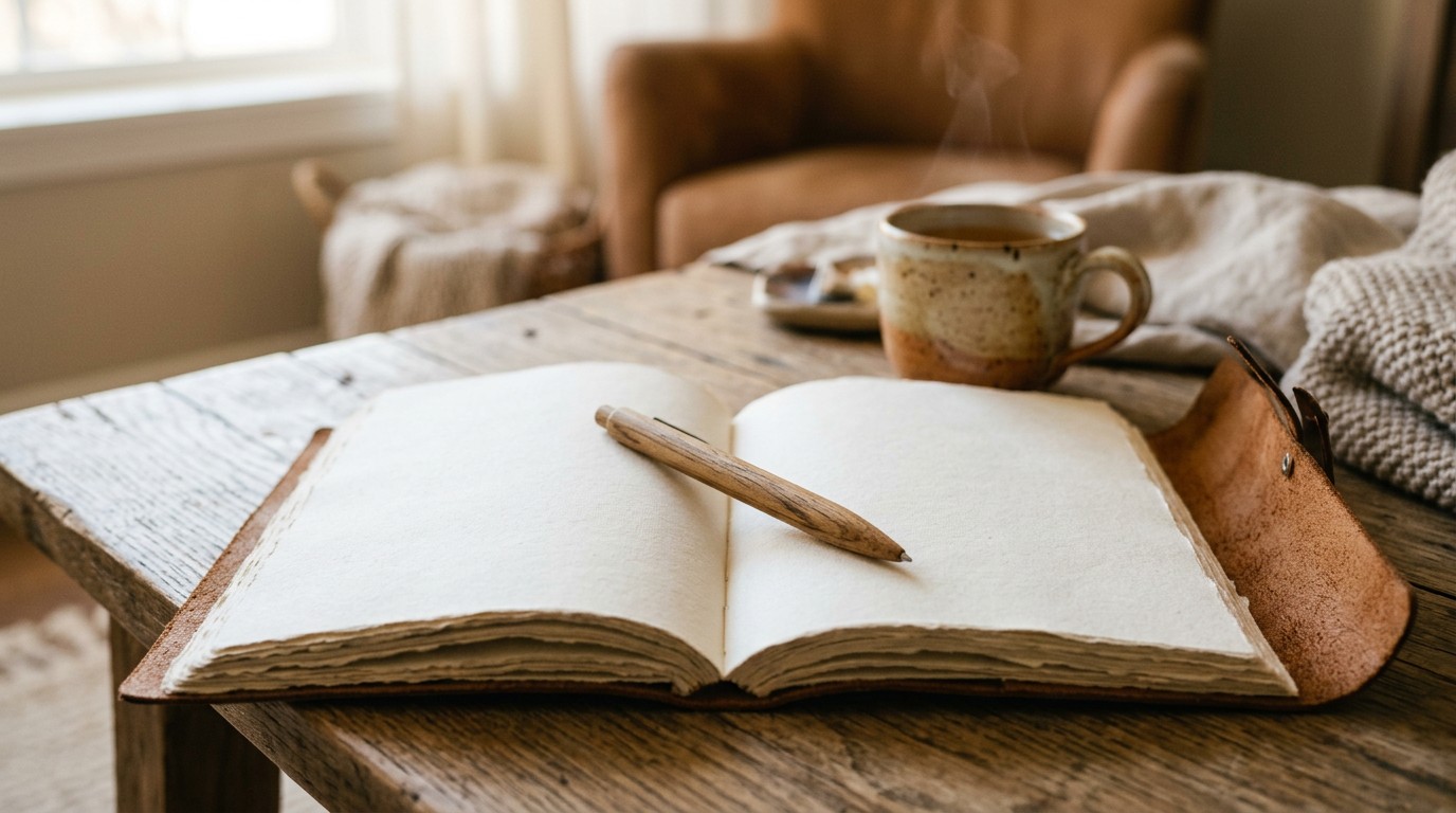 A cozy living room table with a journal for tracking the different blastocyst stages.