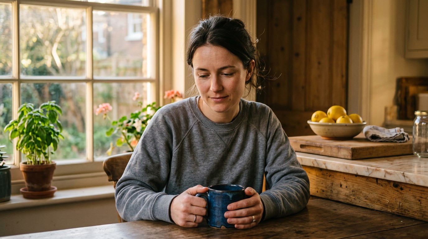 A woman holding a warm mug in her kitchen, reflecting on twins implantation bleeding signs.