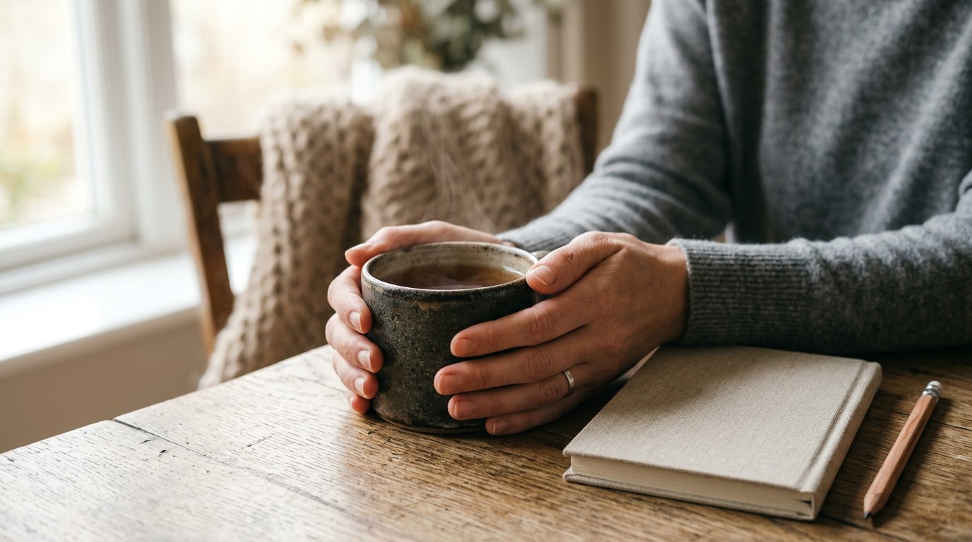 Hands around a mug beside a closed notebook, ready for questions about a mosaic embryo ivf report.