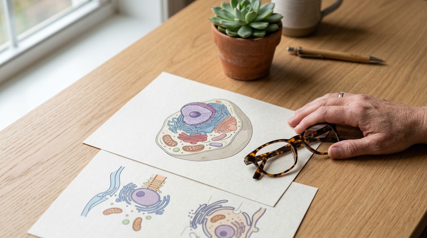 Printed cell diagrams and reading glasses on a desk, notes for reading up on embryo hatching after thaw