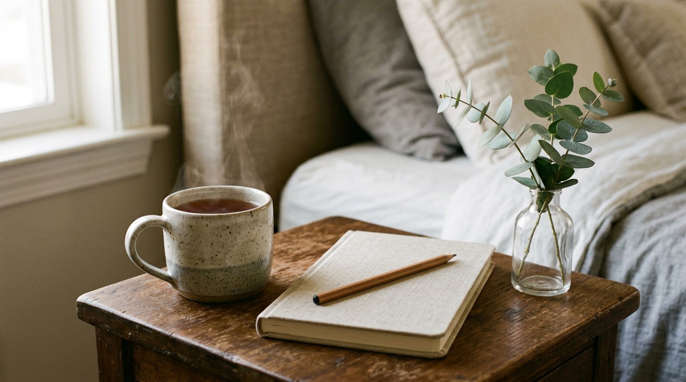 A mug of tea beside a closed notebook and eucalyptus on a bedside table, for medicated fet questions.