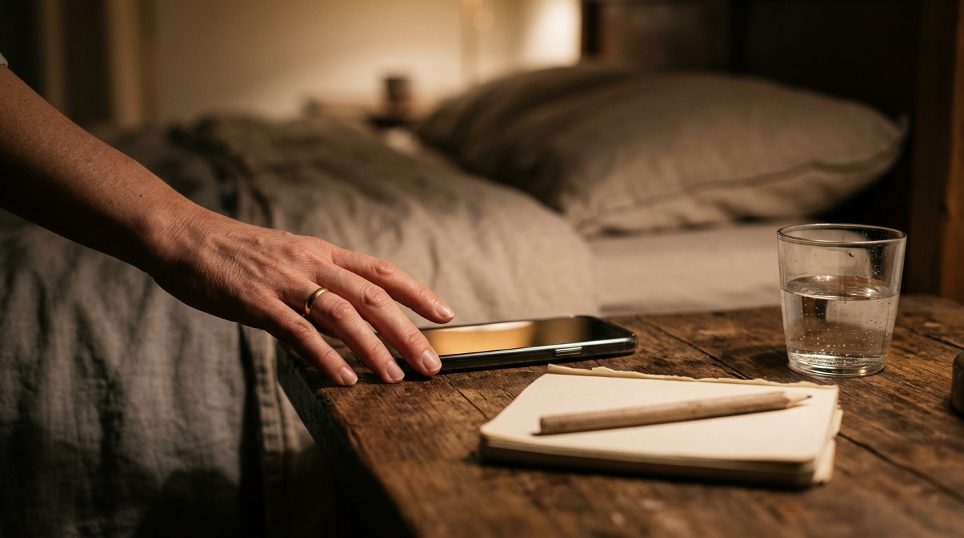 A hand reaches for a phone on a bedside table to call about an implantation bleeding smell.
