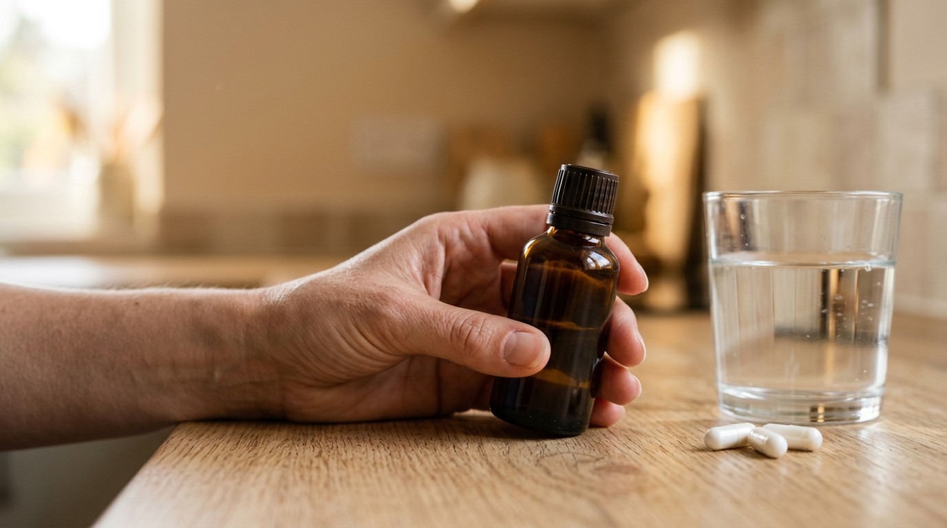 A hand holds a small medicine bottle beside capsules and water, the progesterone question in lower back ache implantation.