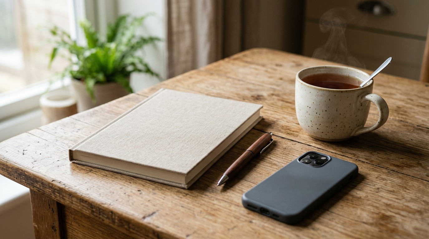 Closed notebook, pen and phone on a kitchen table, ready for the clinic call rather than signs of implantation