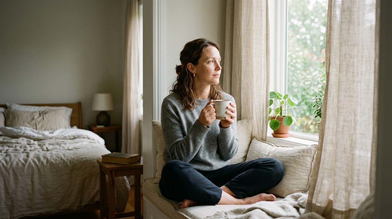 Woman by a window in morning light holding a mug during the wait for signs of implantation